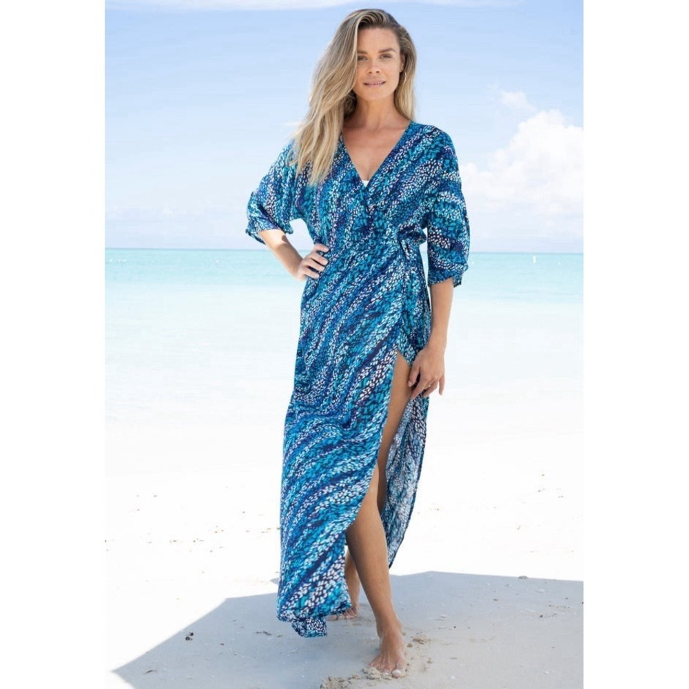 Swimsuits For All Faux Wrap Swim Cover-Up‎ 18/20 Blue Multi Dot Animal Beach